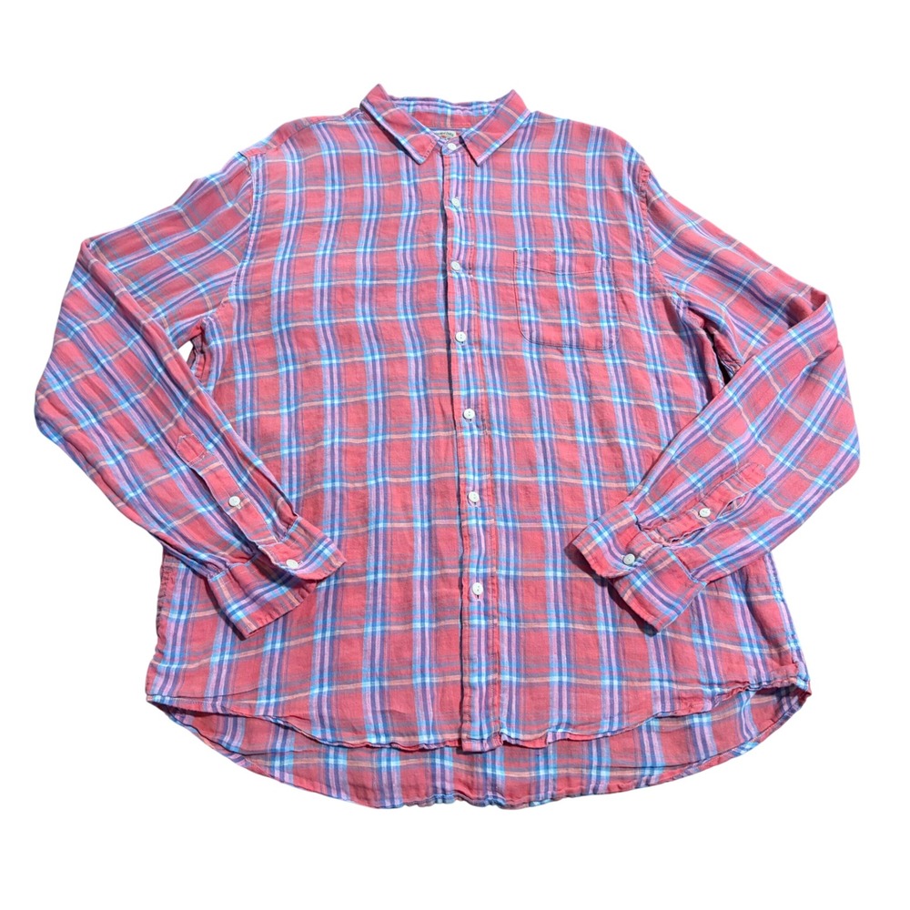 Faherty Brand Mens XL Linen Plaid Long Sleeve Button Down Shirt Pink Blue